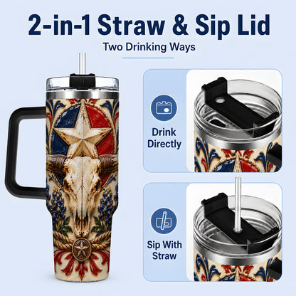#pl[40oz|Black] Western Cattle Skull 40oz Tumbler, Star Floral Design for Western Fans