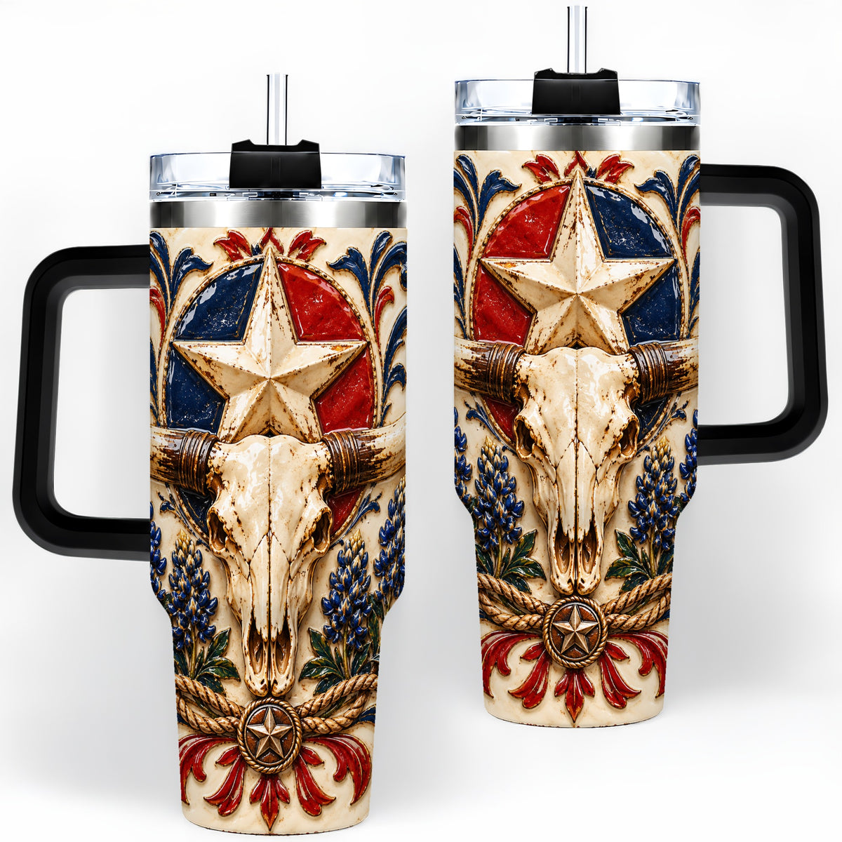 #pl[40oz|Black] Western Cattle Skull 40oz Tumbler, Star Floral Design for Western Fans