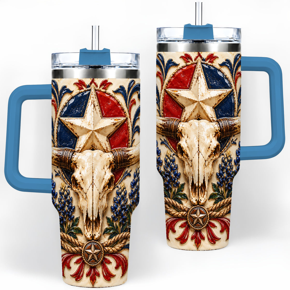 #pl[40oz|Blue] Western Cattle Skull 40oz Tumbler, Star Floral Design for Western Fans