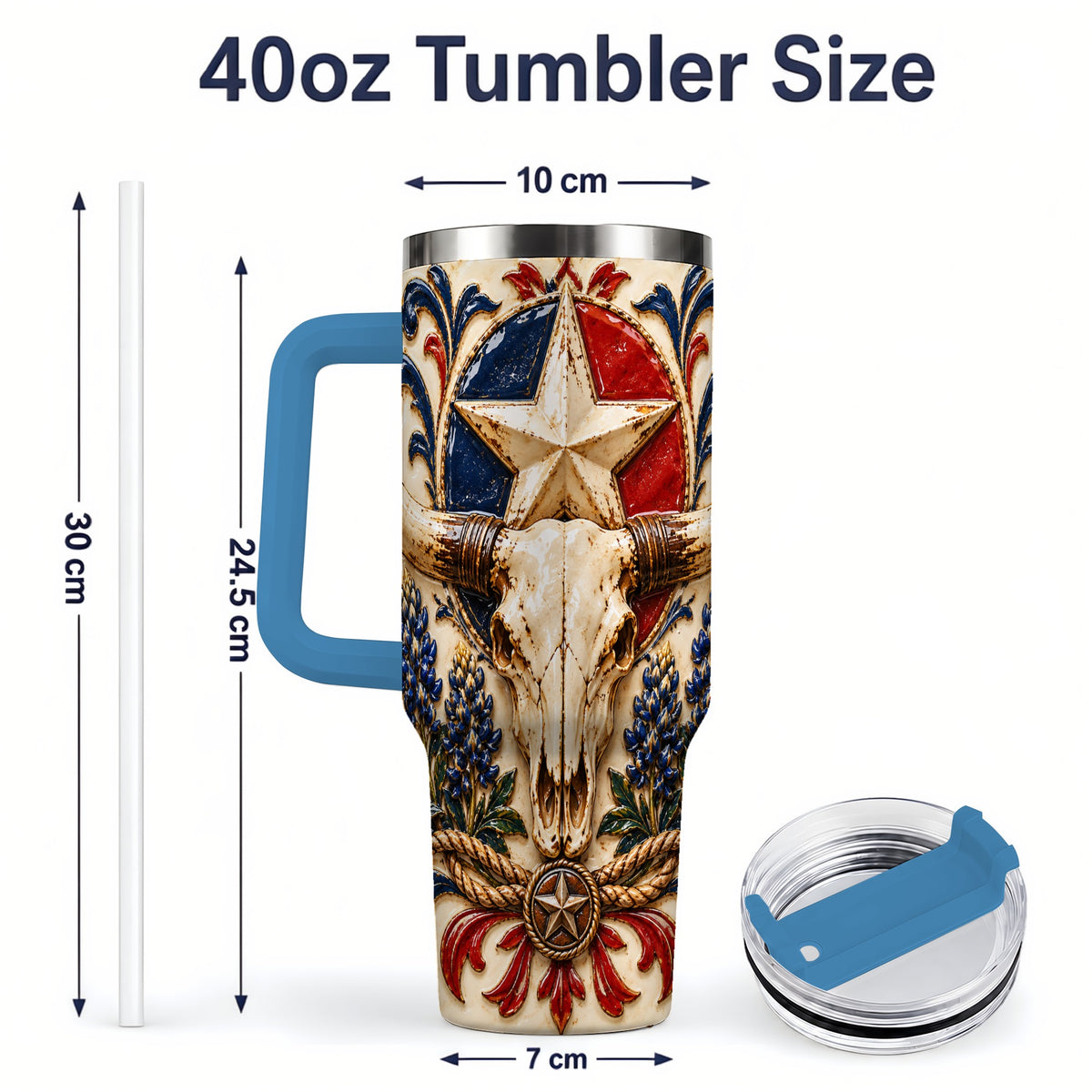 #pl[40oz|Blue] Western Cattle Skull 40oz Tumbler, Star Floral Design for Western Fans