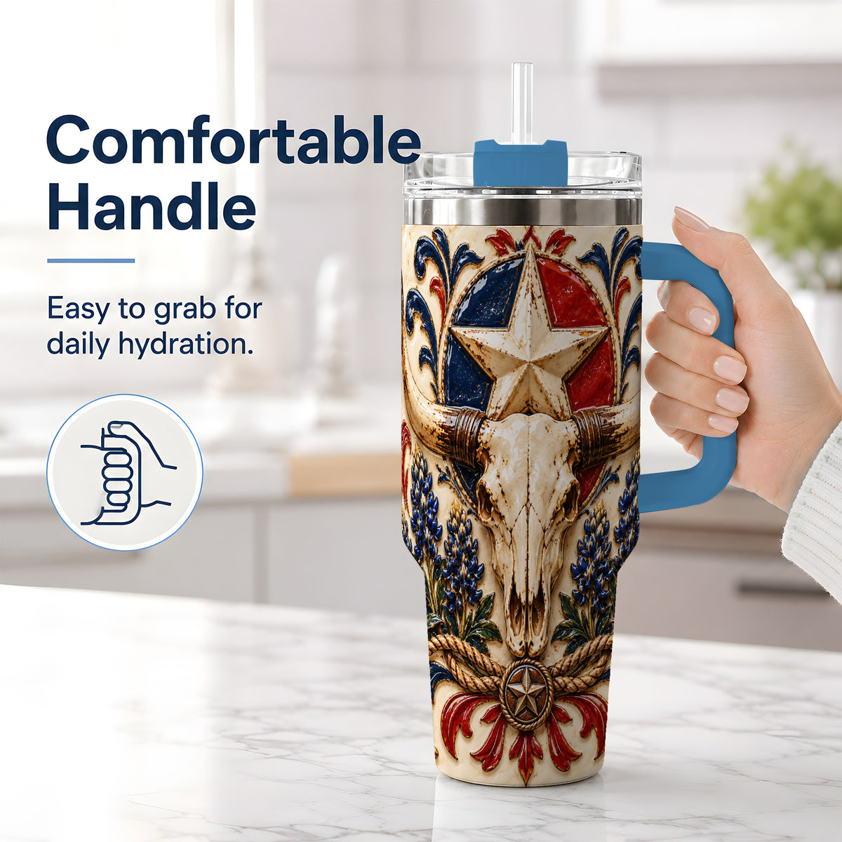 #pl[40oz|Blue] Western Cattle Skull 40oz Tumbler, Star Floral Design for Western Fans
