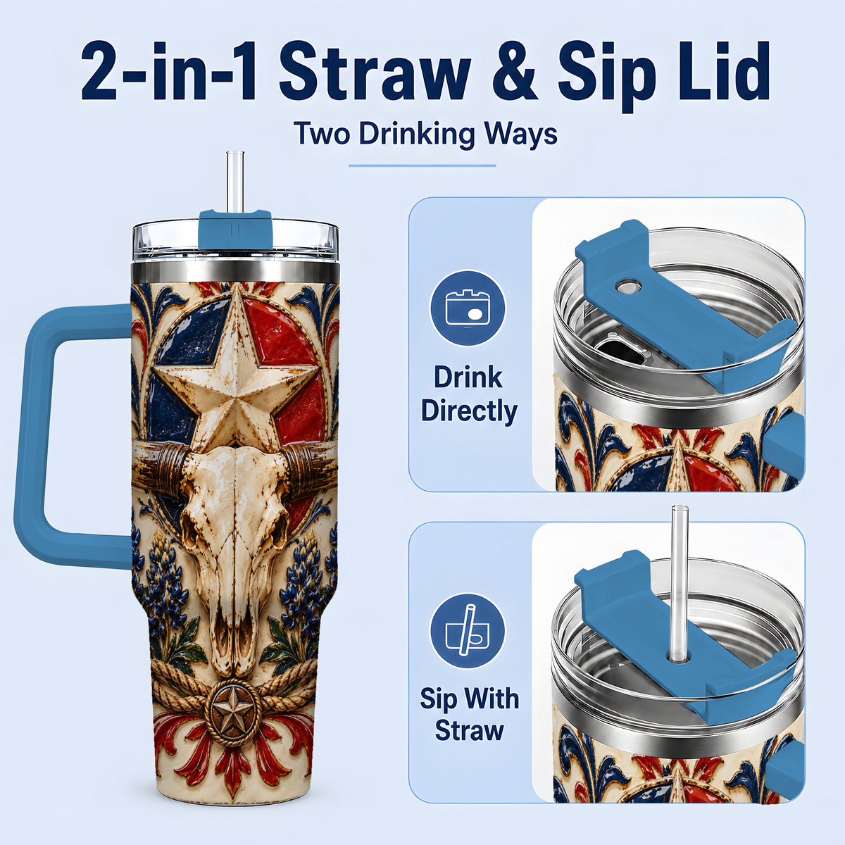 #pl[40oz|Blue] Western Cattle Skull 40oz Tumbler, Star Floral Design for Western Fans