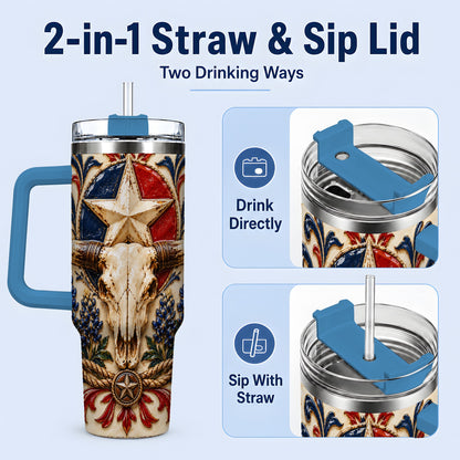 #pl[40oz|Blue] Western Cattle Skull 40oz Tumbler, Star Floral Design for Western Fans