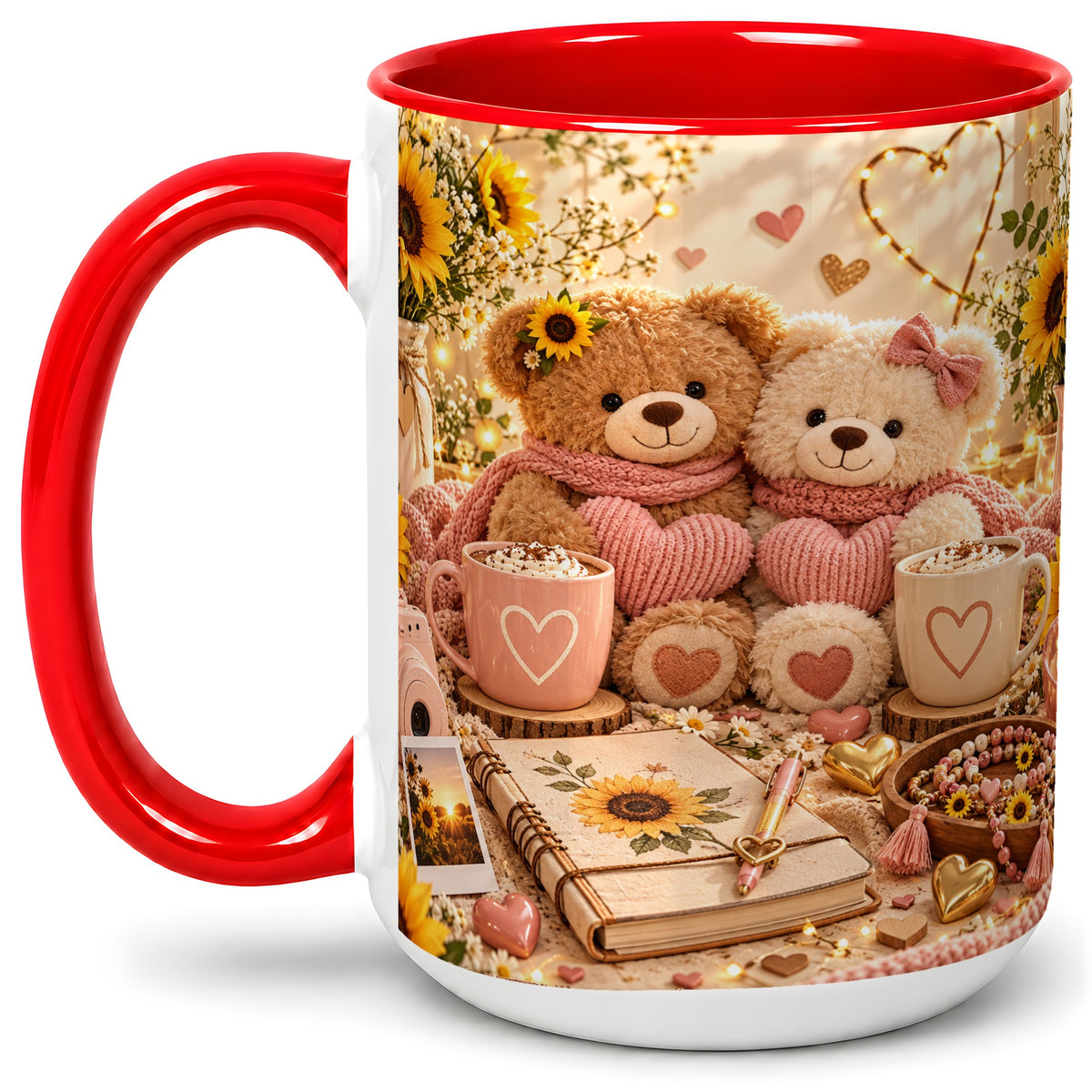 #pl[15oz|Red] Teddy Bear Sunflower Hearts Ceramic Mug