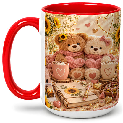 #pl[15oz|Red] Teddy Bear Sunflower Hearts Ceramic Mug