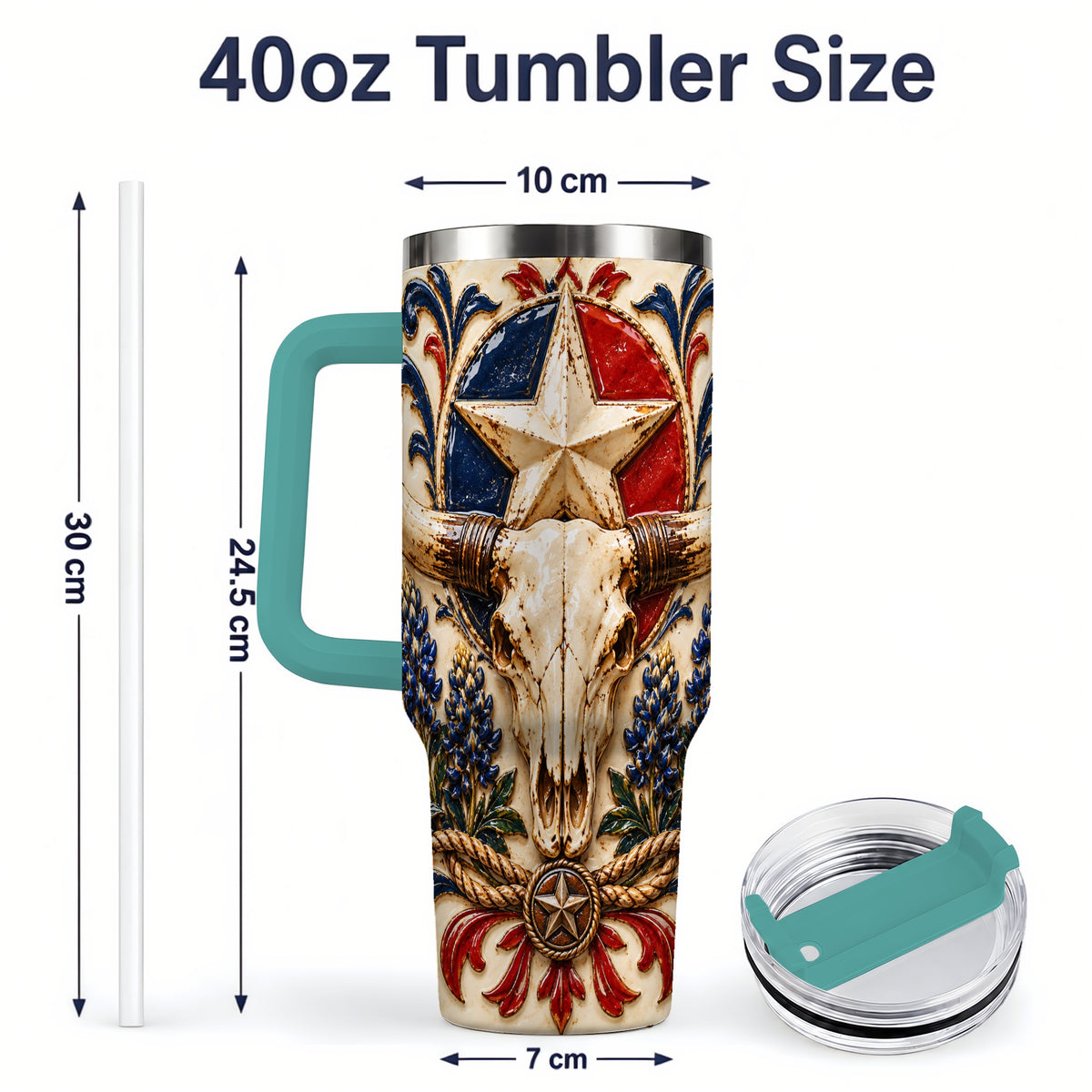 #pl[40oz|Green] Western Cattle Skull 40oz Tumbler, Star Floral Design for Western Fans