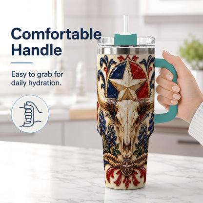 #pl[40oz|Green] Western Cattle Skull 40oz Tumbler, Star Floral Design for Western Fans