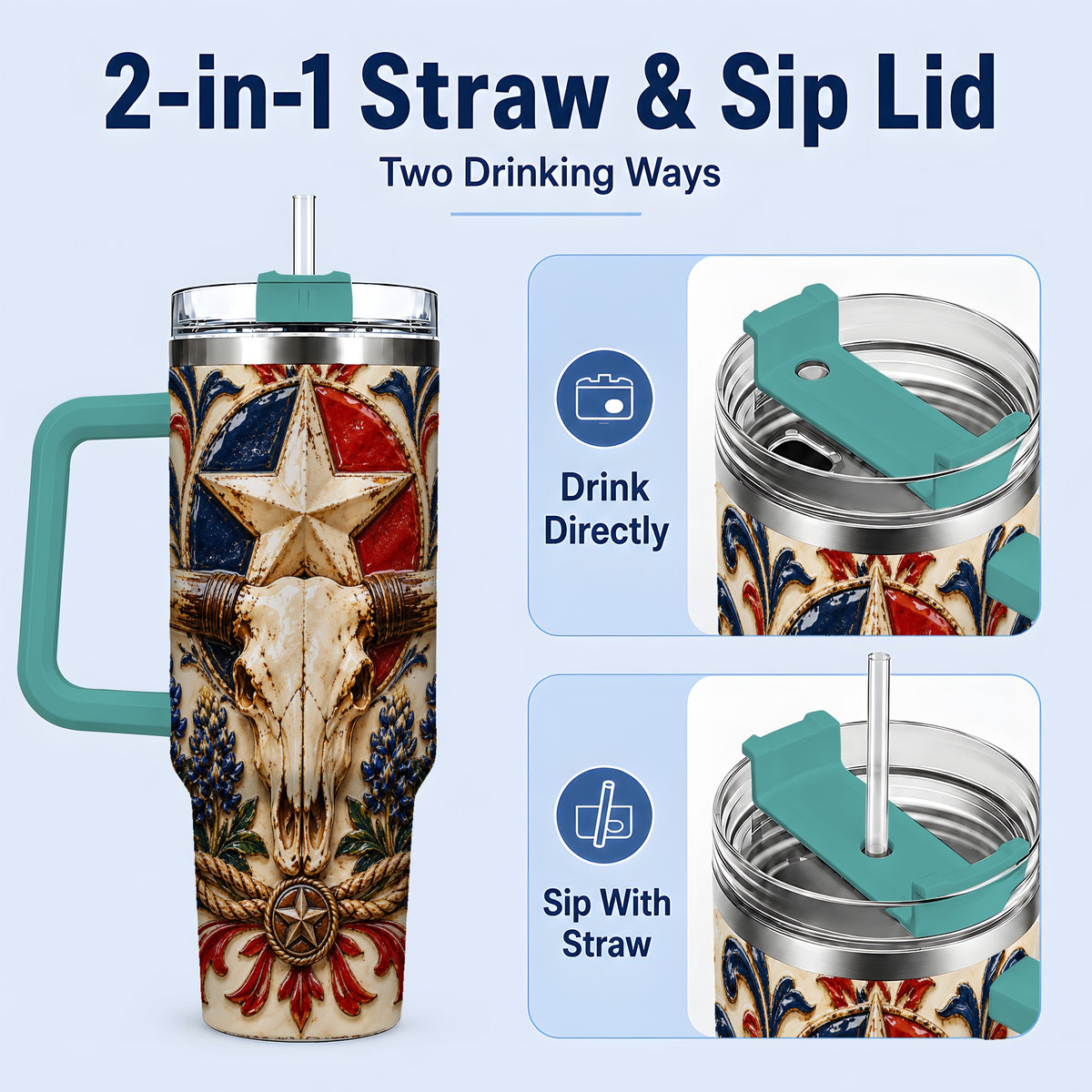 #pl[40oz|Green] Western Cattle Skull 40oz Tumbler, Star Floral Design for Western Fans