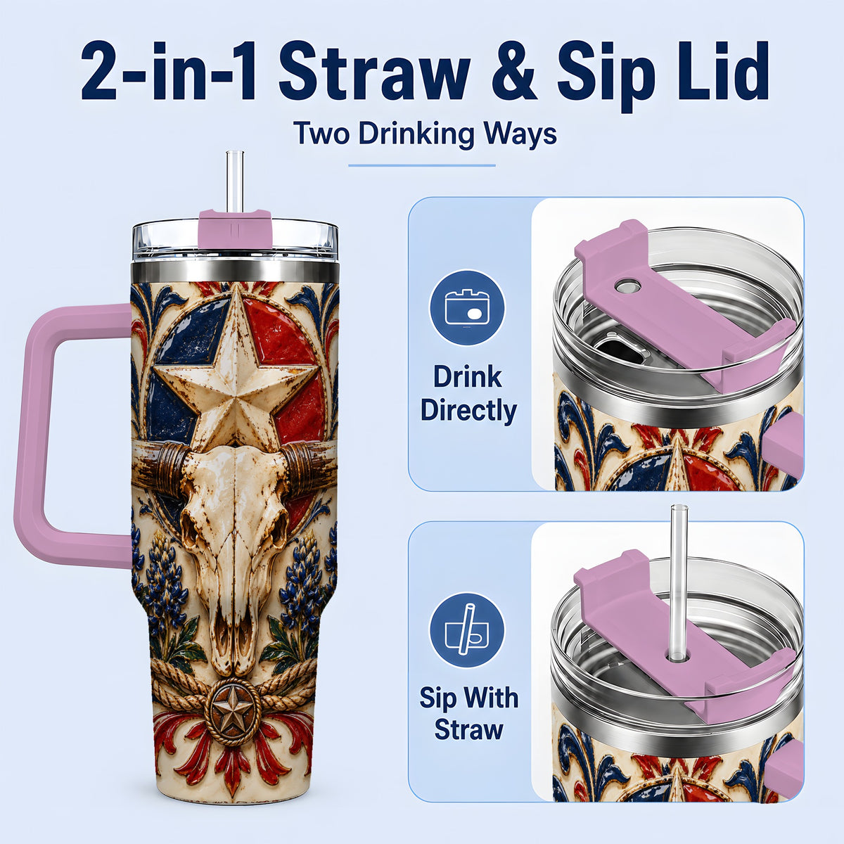 #pl[40oz|Pink] Western Cattle Skull 40oz Tumbler, Star Floral Design for Western Fans