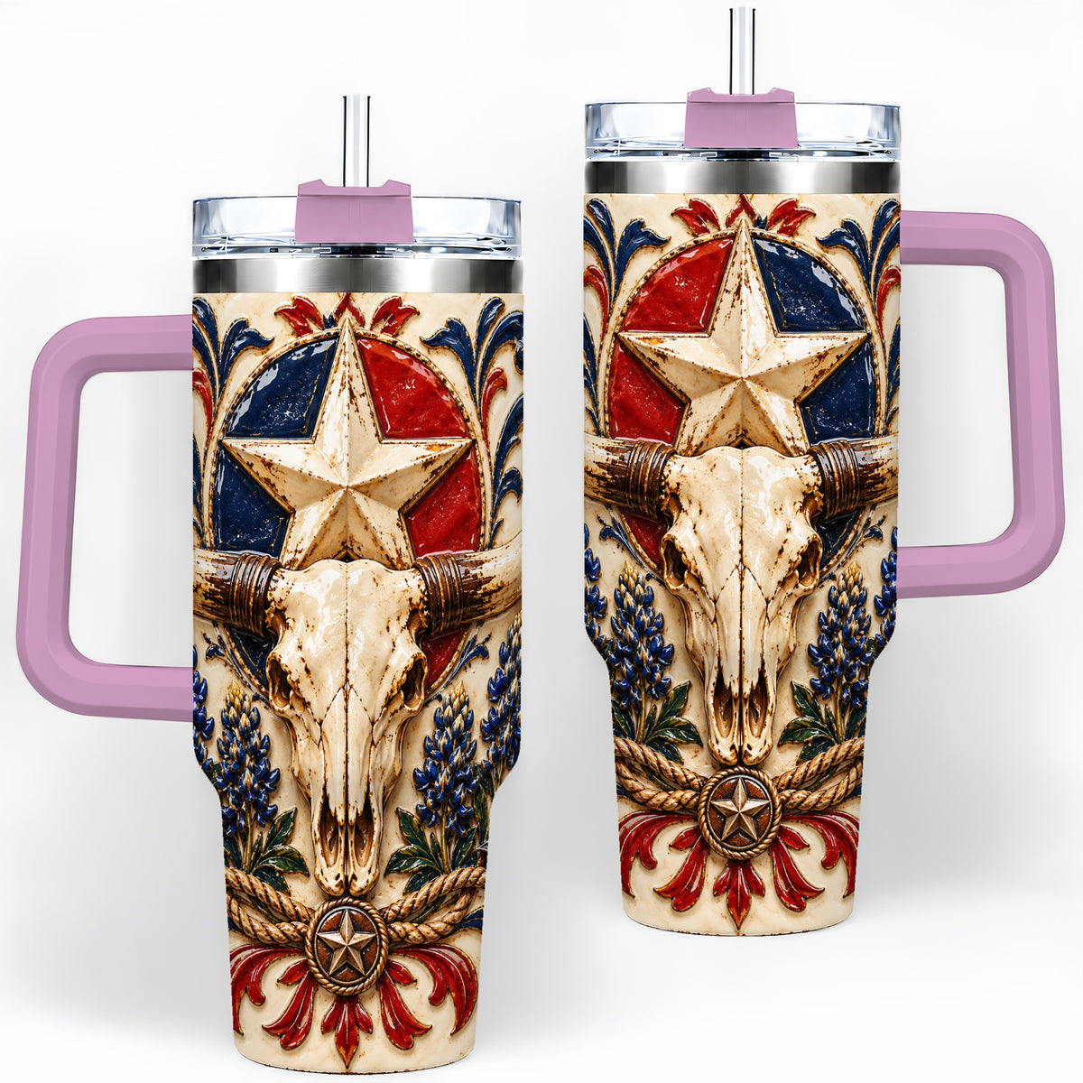 #pl[40oz|Pink] Western Cattle Skull 40oz Tumbler, Star Floral Design for Western Fans