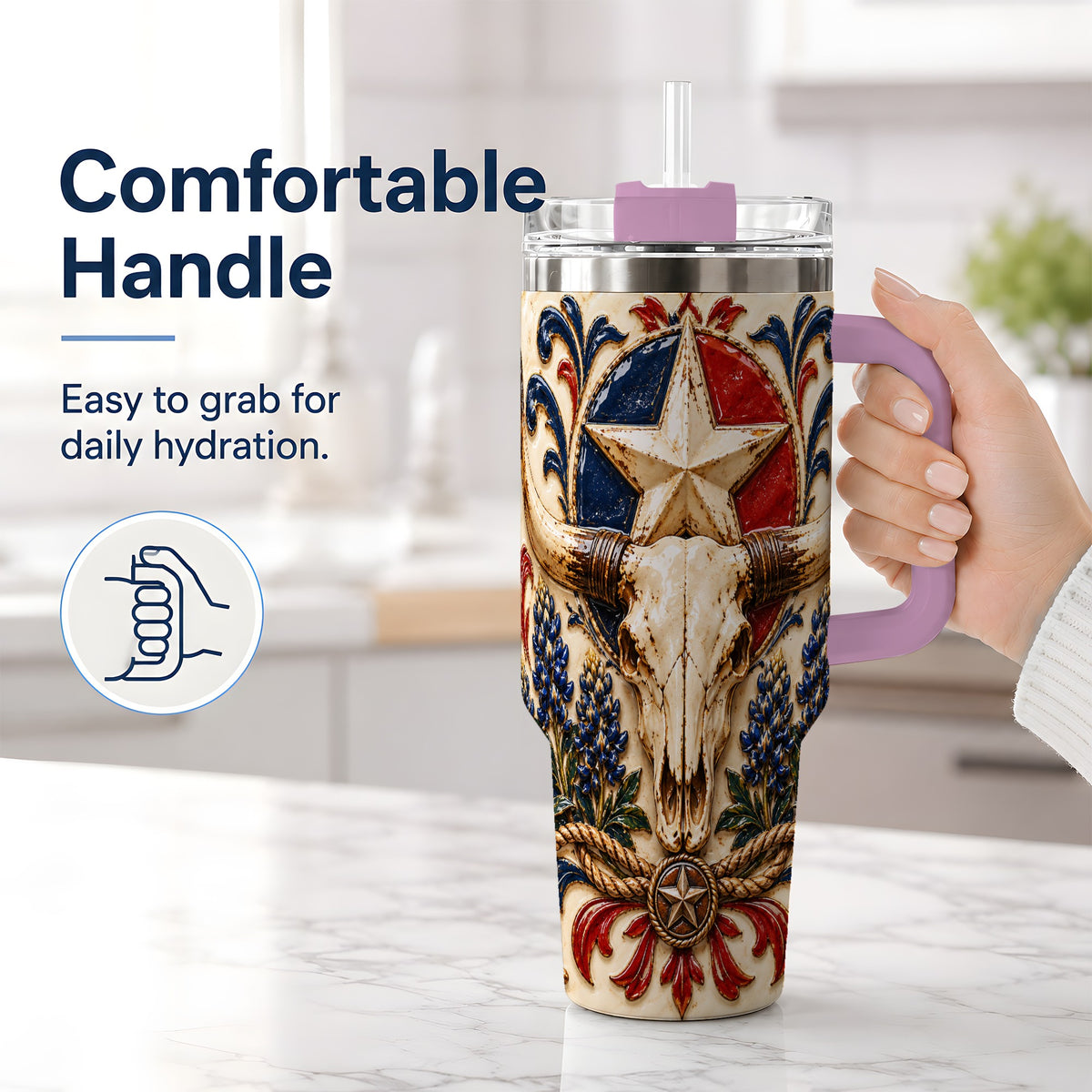 #pl[40oz|Pink] Western Cattle Skull 40oz Tumbler, Star Floral Design for Western Fans