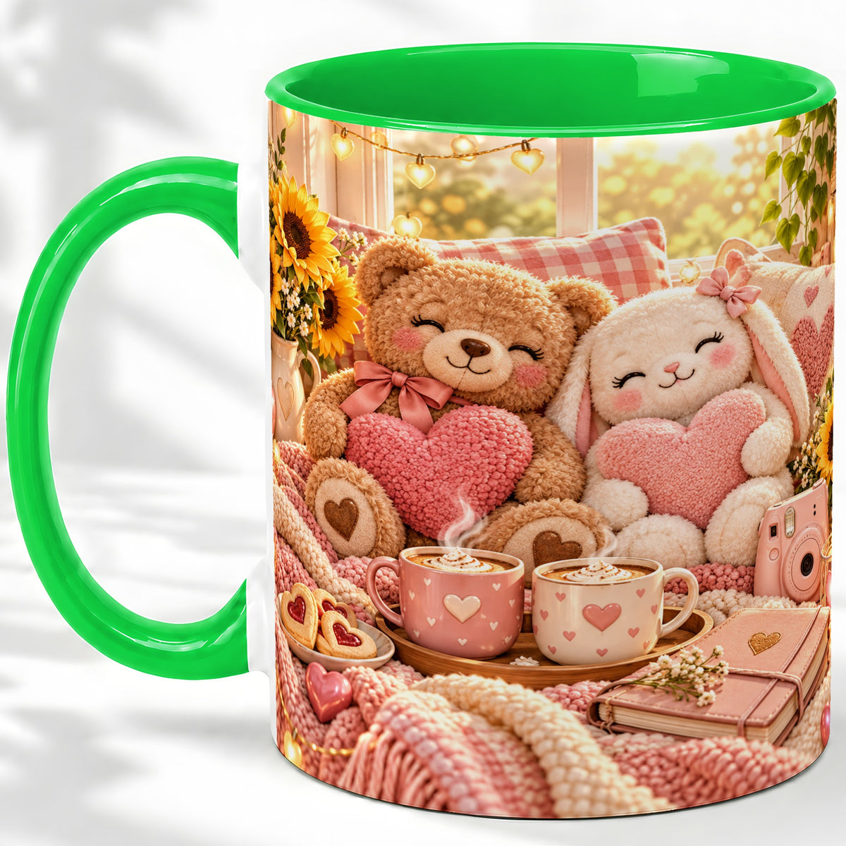 #pl[11oz|Green] Teddy Bear Bunny Hearts Ceramic Mug