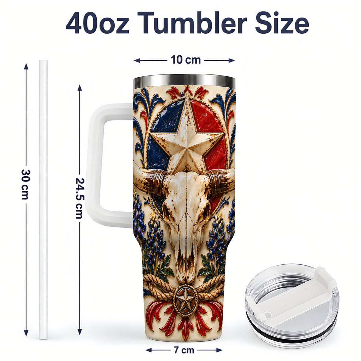 #pl[40oz|White] Western Cattle Skull 40oz Tumbler, Star Floral Design for Western Fans
