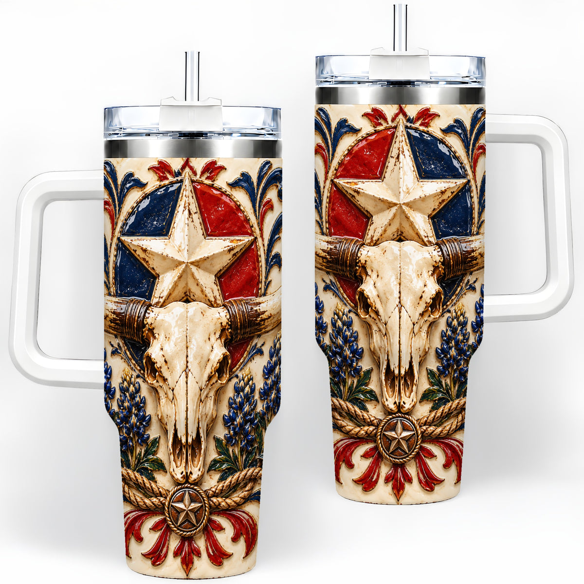 Western Cattle Skull 40oz Tumbler, Star Floral Design for Western Fans
