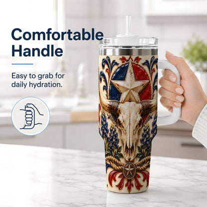 #pl[40oz|White] Western Cattle Skull 40oz Tumbler, Star Floral Design for Western Fans