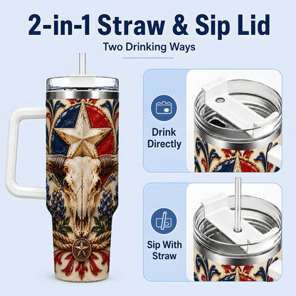 #pl[40oz|White] Western Cattle Skull 40oz Tumbler, Star Floral Design for Western Fans