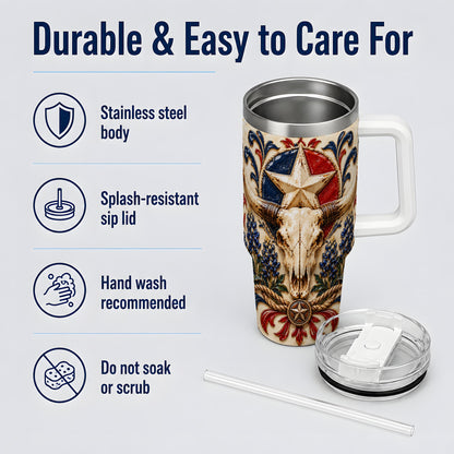 Western Cattle Skull 40oz Tumbler, Star Floral Design for Western Fans