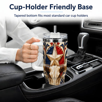 Western Cattle Skull 40oz Tumbler, Star Floral Design for Western Fans