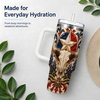 Western Cattle Skull 40oz Tumbler, Star Floral Design for Western Fans