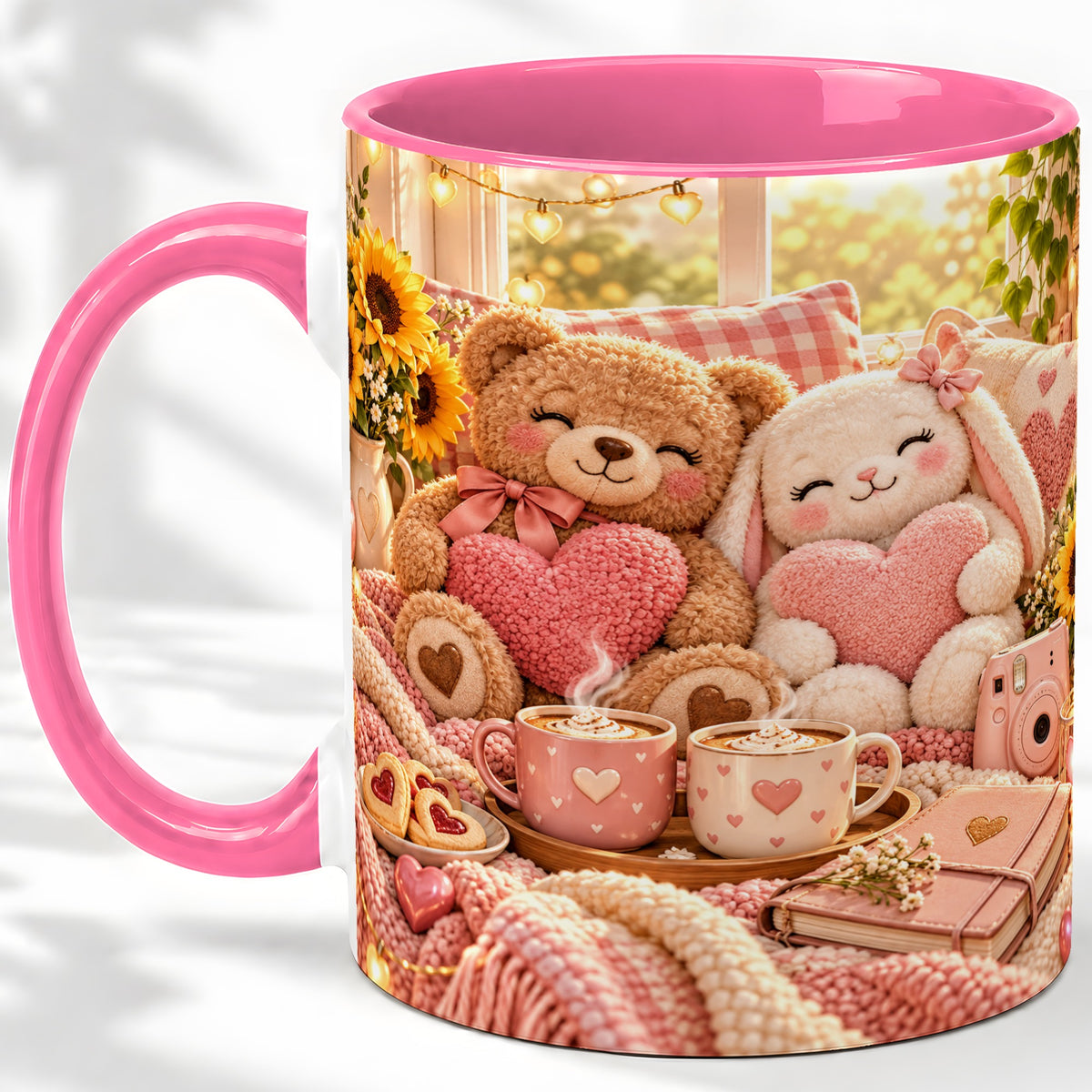 #pl[11oz|Pink] Teddy Bear Bunny Hearts Ceramic Mug