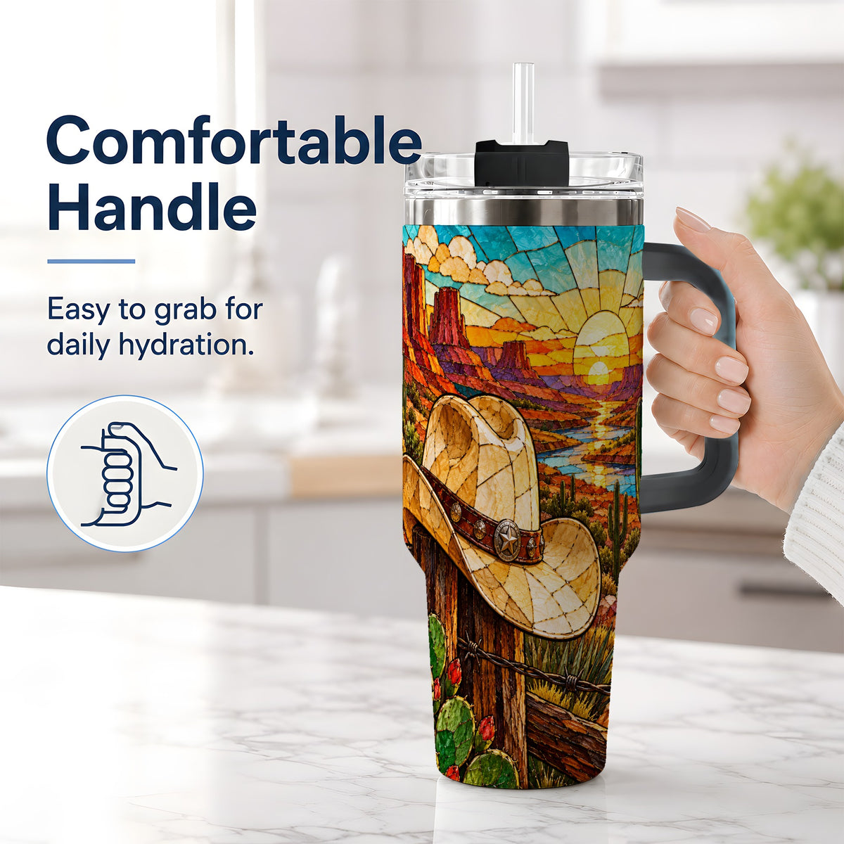 #pl[40oz|Black] Western Cowboy Hat 40oz Tumbler, Desert Sunset Drinkware for Ranch Fans