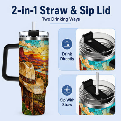 #pl[40oz|Black] Western Cowboy Hat 40oz Tumbler, Desert Sunset Drinkware for Ranch Fans
