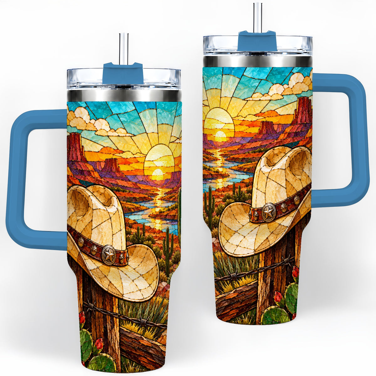#pl[40oz|Blue] Western Cowboy Hat 40oz Tumbler, Desert Sunset Drinkware for Ranch Fans
