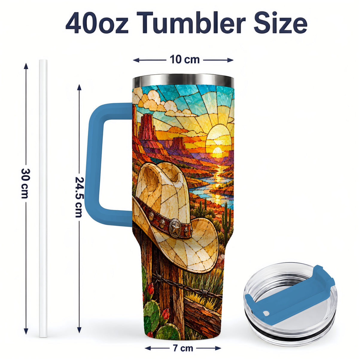 #pl[40oz|Blue] Western Cowboy Hat 40oz Tumbler, Desert Sunset Drinkware for Ranch Fans