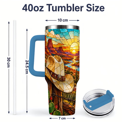 #pl[40oz|Blue] Western Cowboy Hat 40oz Tumbler, Desert Sunset Drinkware for Ranch Fans