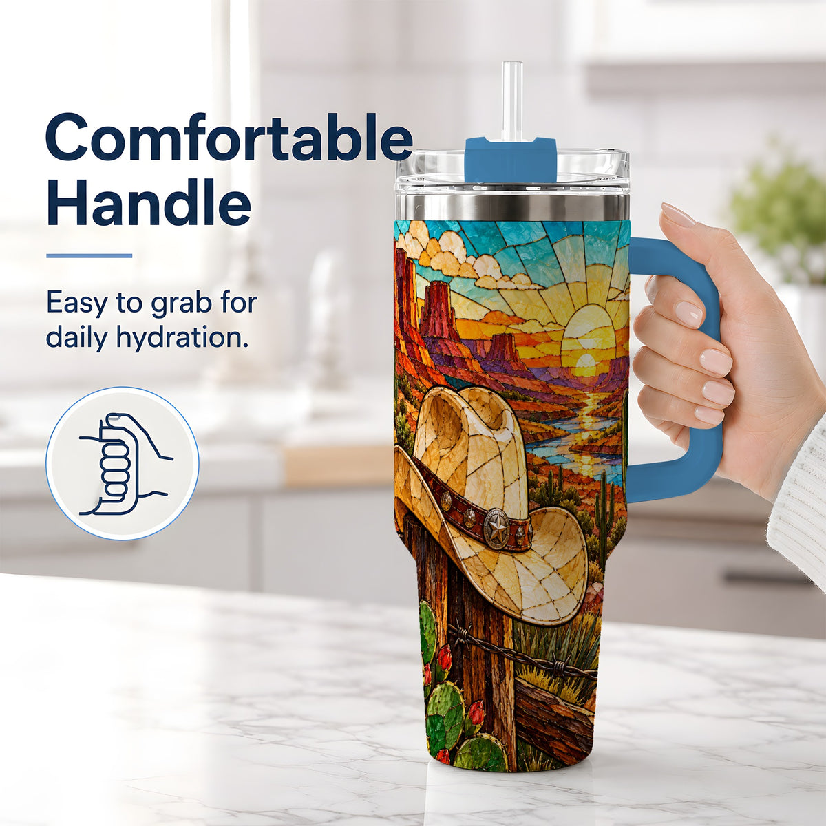 #pl[40oz|Blue] Western Cowboy Hat 40oz Tumbler, Desert Sunset Drinkware for Ranch Fans