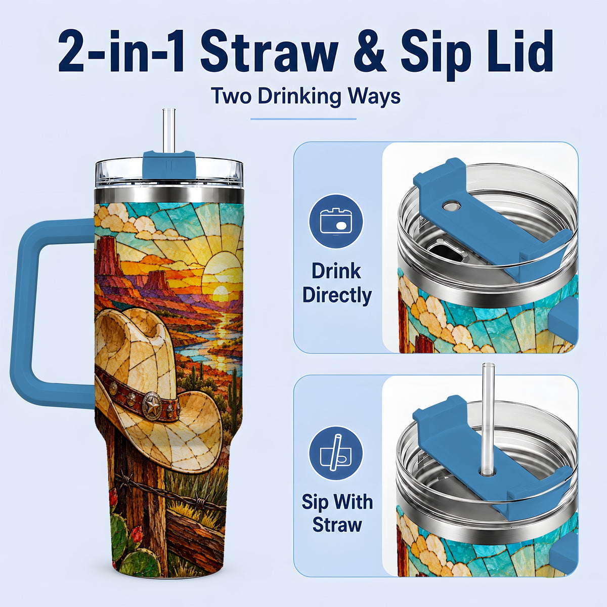 #pl[40oz|Blue] Western Cowboy Hat 40oz Tumbler, Desert Sunset Drinkware for Ranch Fans