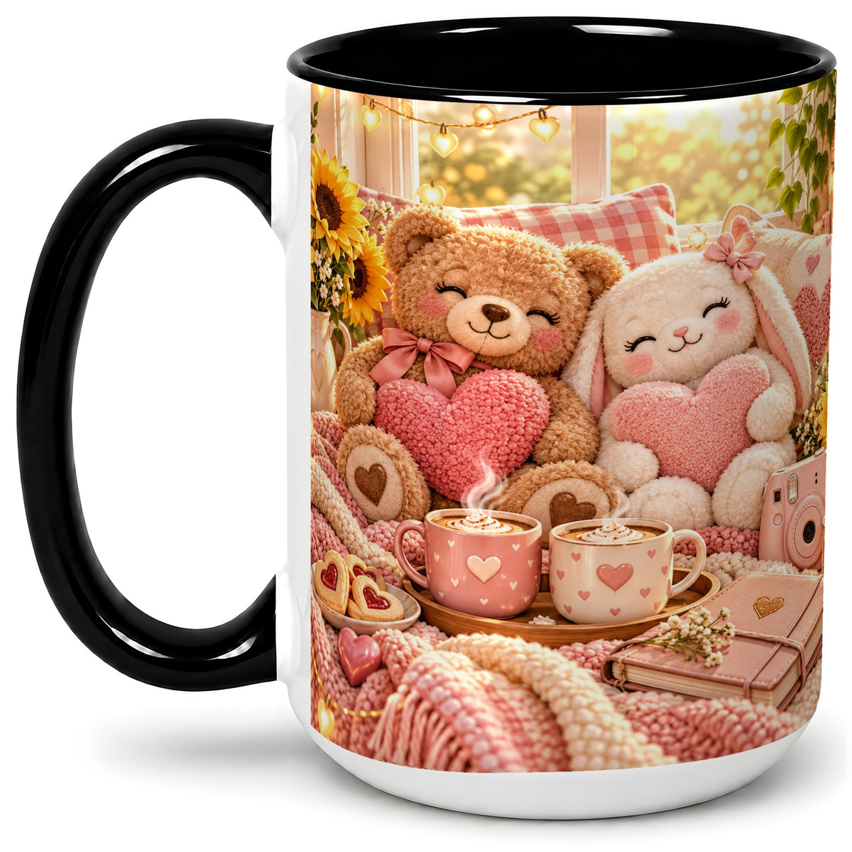 #pl[15oz|Black] Teddy Bear Bunny Hearts Ceramic Mug