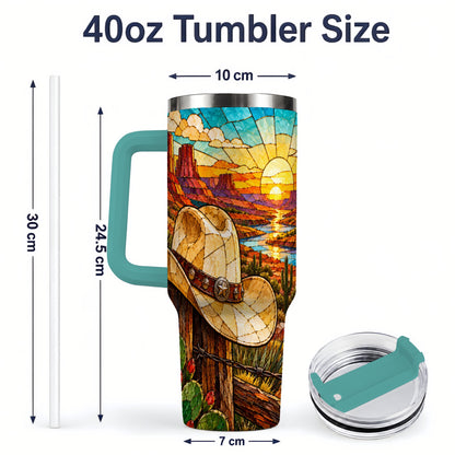 #pl[40oz|Green] Western Cowboy Hat 40oz Tumbler, Desert Sunset Drinkware for Ranch Fans