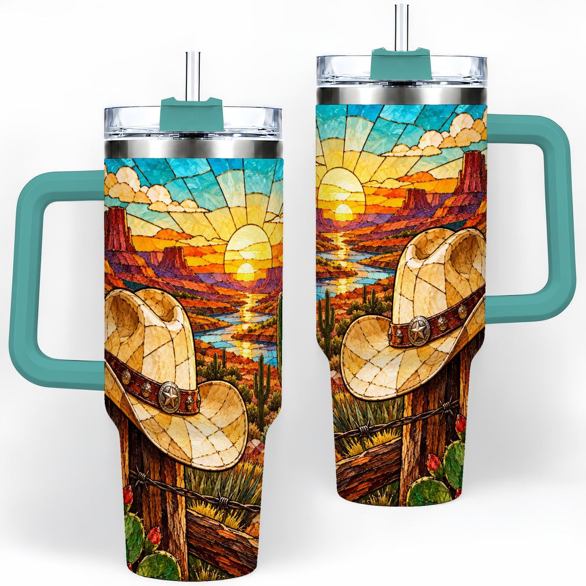 #pl[40oz|Green] Western Cowboy Hat 40oz Tumbler, Desert Sunset Drinkware for Ranch Fans