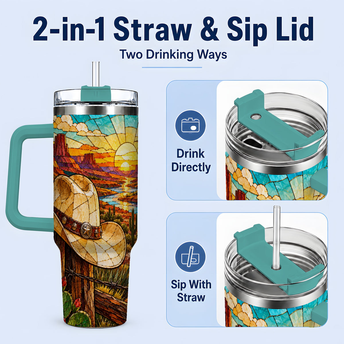 #pl[40oz|Green] Western Cowboy Hat 40oz Tumbler, Desert Sunset Drinkware for Ranch Fans