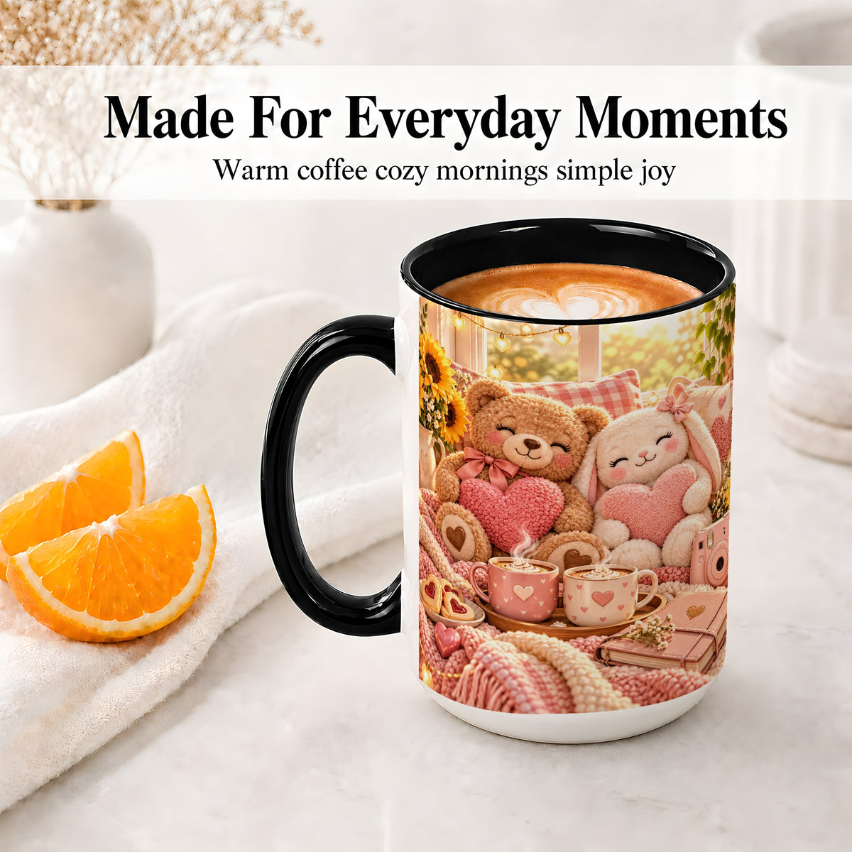 #pl[15oz|Black] Teddy Bear Bunny Hearts Ceramic Mug