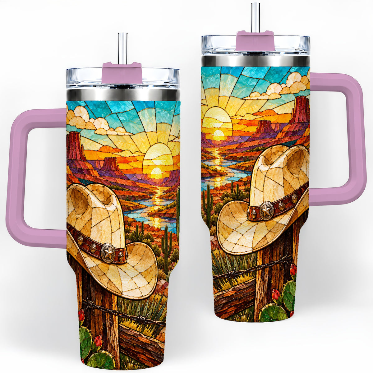 #pl[40oz|Pink] Western Cowboy Hat 40oz Tumbler, Desert Sunset Drinkware for Ranch Fans
