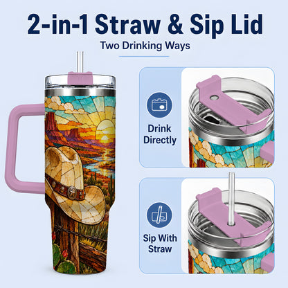 #pl[40oz|Pink] Western Cowboy Hat 40oz Tumbler, Desert Sunset Drinkware for Ranch Fans