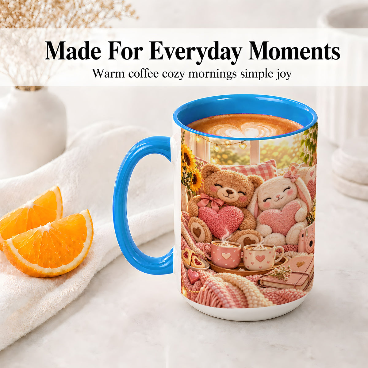 #pl[15oz|Blue] Teddy Bear Bunny Hearts Ceramic Mug