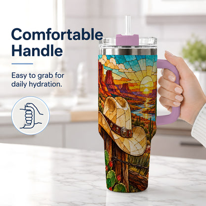 #pl[40oz|Pink] Western Cowboy Hat 40oz Tumbler, Desert Sunset Drinkware for Ranch Fans