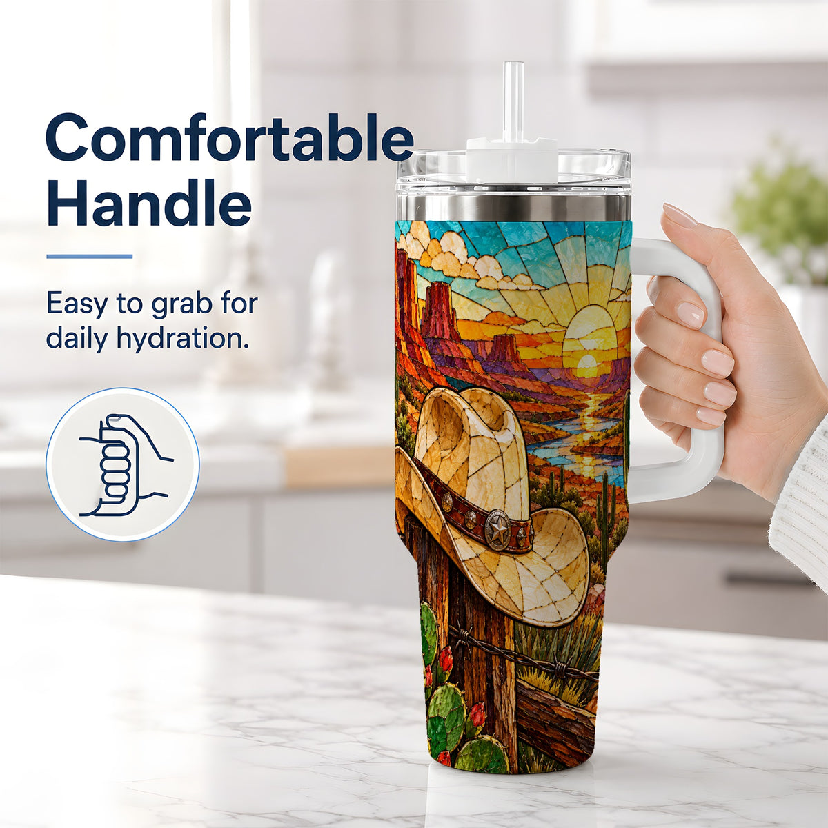 #pl[40oz|White] Western Cowboy Hat 40oz Tumbler, Desert Sunset Drinkware for Ranch Fans