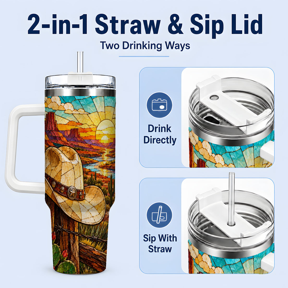 #pl[40oz|White] Western Cowboy Hat 40oz Tumbler, Desert Sunset Drinkware for Ranch Fans