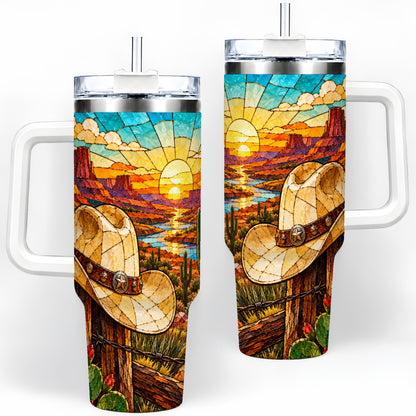 Western Cowboy Hat 40oz Tumbler, Desert Sunset Drinkware for Ranch Fans