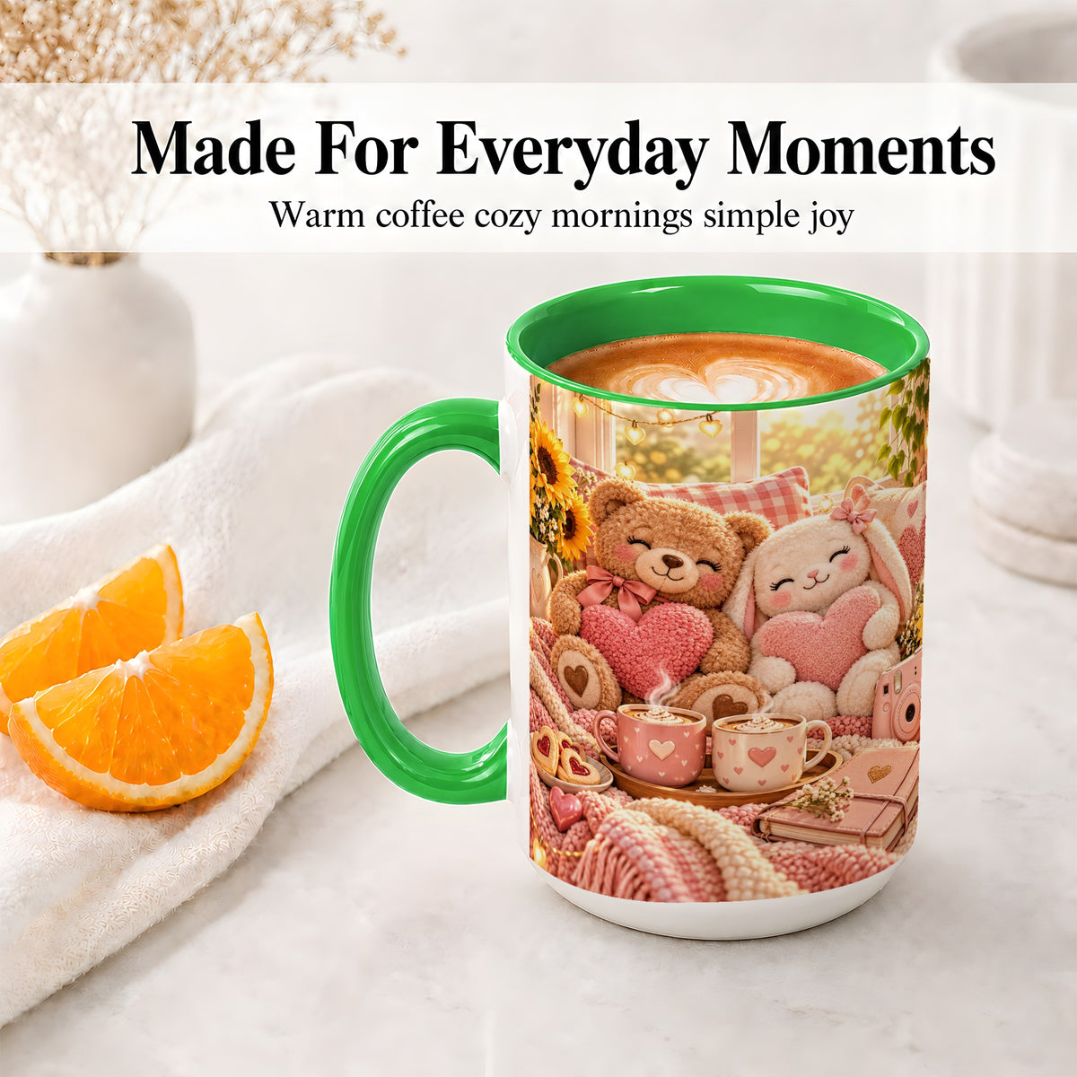 #pl[15oz|Green] Teddy Bear Bunny Hearts Ceramic Mug