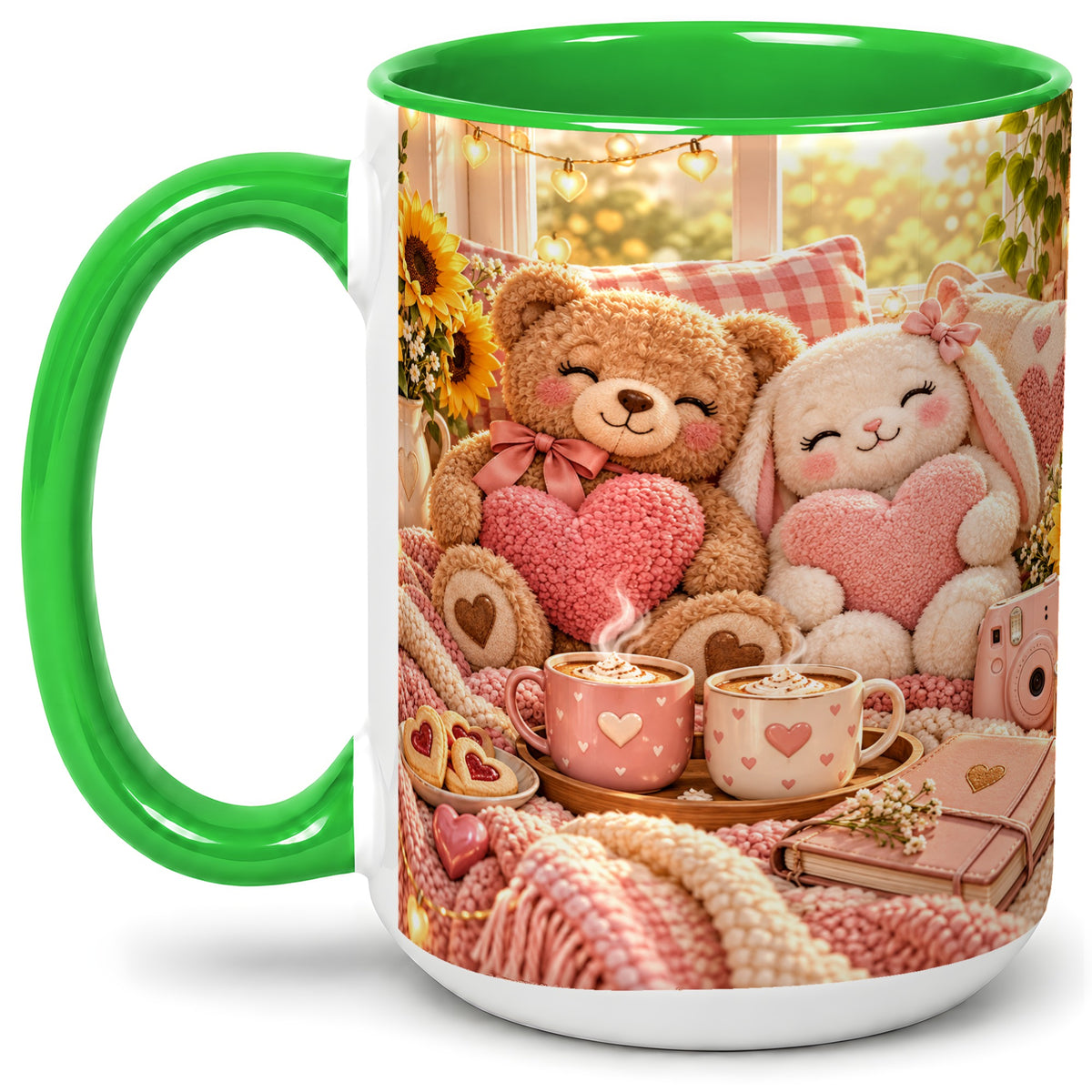 #pl[15oz|Green] Teddy Bear Bunny Hearts Ceramic Mug