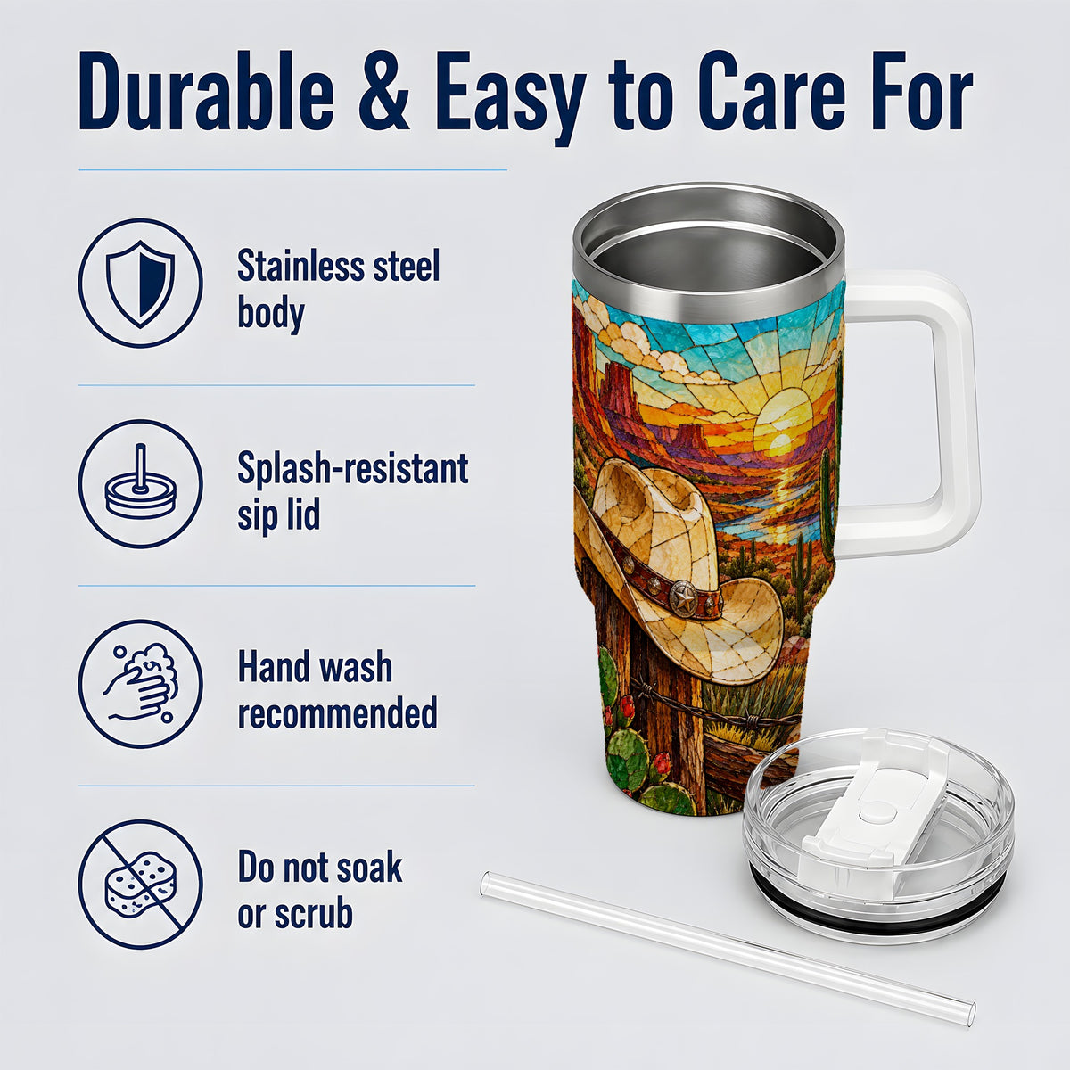 Western Cowboy Hat 40oz Tumbler, Desert Sunset Drinkware for Ranch Fans