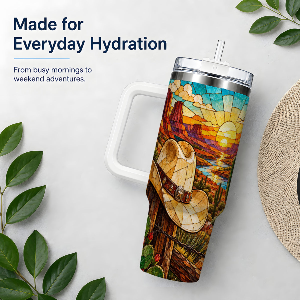 Western Cowboy Hat 40oz Tumbler, Desert Sunset Drinkware for Ranch Fans
