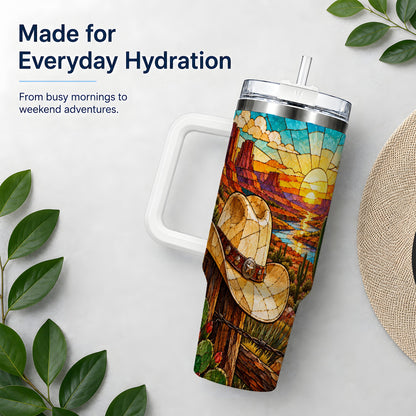 Western Cowboy Hat 40oz Tumbler, Desert Sunset Drinkware for Ranch Fans