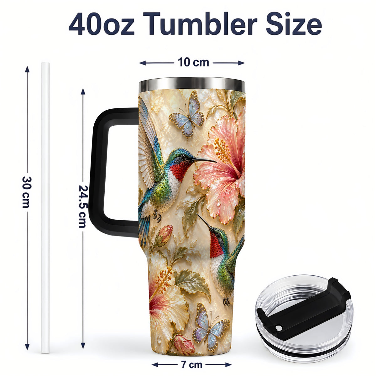 #pl[40oz|Black] Tropical Hummingbird 40oz Tumbler, Hibiscus Drinkware for Bird Lovers