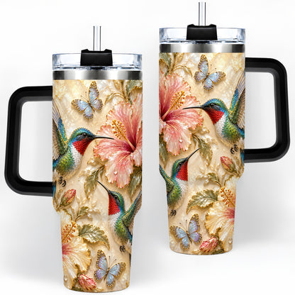 #pl[40oz|Black] Tropical Hummingbird 40oz Tumbler, Hibiscus Drinkware for Bird Lovers